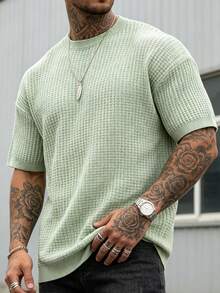 Men's Crew Neck Loose Knit T-Shirt, Casual Versatile Solid Color Top For Summer Daily Wear - Green - View 1