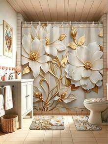 1/3/4pcs Gold Floral Print Shower Curtain Set, Minimalist Pattern, Washable Polyester Fabric, Waterproof Durable Bathroom Accessories, Includes 12 Hooks - Includes Toilet Lid Cover, Bath Mat And Rug, Home/Bedroom/Living Room/Home Decor/Summer - A - View 13