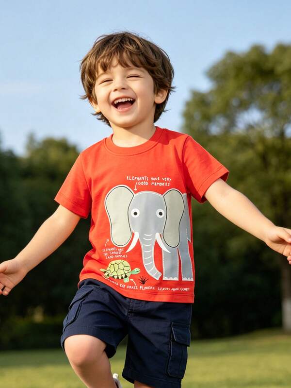 1 Stück Kleine Jungen Lässig Cartoon Elefant Muster Rundhals Kurzarm T-Shirt, modischer Frühlings-/Sommerstil
