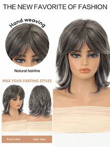Gray Silver Highlight Mixed Low Curvature Slight Wavy 12 Inch Shaggy Layered Bob Wig Heat Resistant Synthetic Air Fringe Wig For Female - Multicolor - View 3