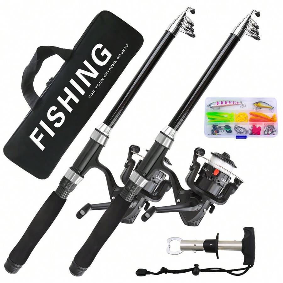 Portable 2 Pieces Telescopic Fishing Pole Combo Set, Spinning Reels, Mixed Bait Accessories & Fish Gripper Included, Compact Outdoor Angling Kit For Lakes, Rivers And Shore Fishing