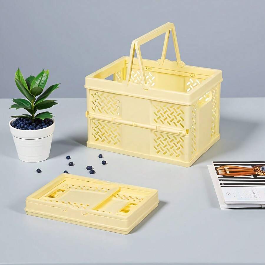 1pc Plastic Folding Storage Basket Organizer Box With Handles, Stackable Storage Rack Basket For Bedroom Closet Kitchen Bathroom Home Organization, Durable Portable Container Shelf - Multicolor - View 1