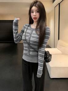 Autumn/Winter 2 In 1 Colorblock Striped Button Design Slim Fit Flattering Sweater - Grey Stripes - View 1