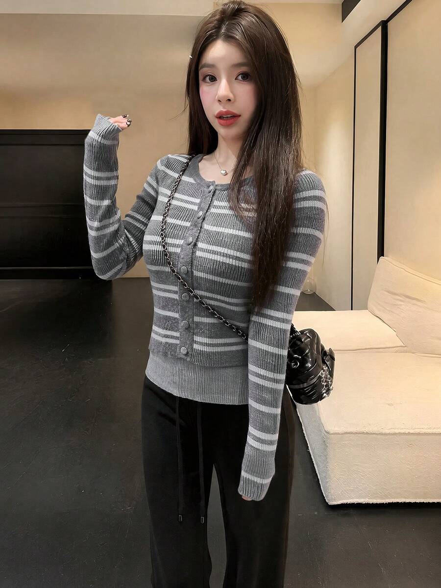 Autumn/Winter 2 In 1 Colorblock Striped Button Design Slim Fit Flattering Sweater - Grey Stripes - View 1