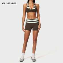 GIAFIRE 新款女款 2 件式運動套裝，包含細肩帶瑜珈內衣與高腰快乾休閒短褲，條紋休閒中長款短褲，適用跑步、戶外、海灘、健身、瑜珈與休閒 - 咖啡棕 - 查看 2