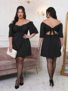 Plus Size Short Princess Dress, Loose Fit, With Gathered Neckline And Short Sleeves, Elegant, Sizes 46 To 56 - 黑色 - 查看 9