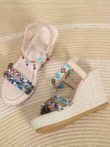 Shiny Rhinestone Bow Silver Elegant Pointed Toe Slimming Women's High Heel Slip-On Slouchy Chunky Heel Pumps - Beige - View 3