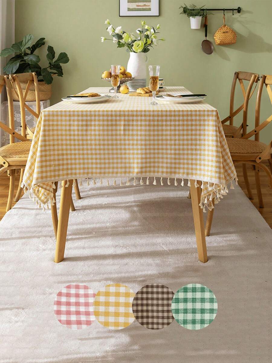 Modern Spring/Summer Minimalist Plaid Tassel Tablecloth, Suitable For Picnic, Party, Restaurant, Kitchen, Cafe, Dining Table, Daily Decoration