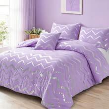 3/4 Piece Aqua Silver Geometric Wavy Striped Metallic Foil Print  Bed Comforter Set, All Season Soft Microfiber Fits Modern Bedroom Decor For Teen Girls Boys, 3 Pieces For Twin/TwinXL Size, 4 Pieces For Full/Queen/King Size. Halloween Christmas Decor - 水藍色 - 查看 1