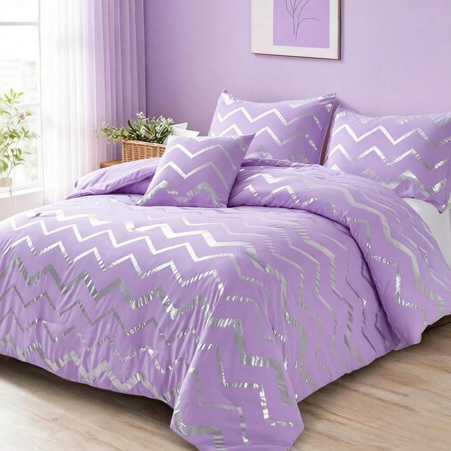 3/4 Piece Aqua Silver Geometric Wavy Striped Metallic Foil Print  Bed Comforter Set, All Season Soft Microfiber Fits Modern Bedroom Decor For Teen Girls Boys, 3 Pieces For Twin/TwinXL Size, 4 Pieces For Full/Queen/King Size. Halloween Christmas Decor - 水藍色 - 查看 1