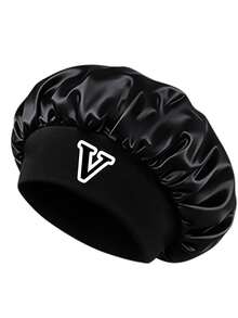 Silky Black Customized Initial Satin Sleep Cap, Elastic Wide Brim Hair Protection Cap, Soft Smooth Night Cap, Reduces Curly Hair Breakage - Black Letters - View 18