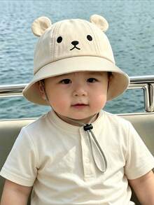1件嬰兒幼兒可愛耳朵抽繩水桶帽，熊圖案，可調節帽子，適合0-2歲男孩女孩日常休閒穿著、戶外玩耍 - 小熊表情 - 查看 1