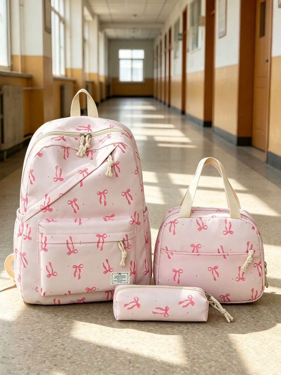 1 Set Tas Ransel Sekolah - Tas Ransel Kapasitas Besar Motif Pita + Tas Bekal + Tempat Pensil, Set Multi-Piece, Dengan Kompartemen Laptop, Tas Ransel Nilon Tahan Lama, Tas Ransel dengan Tali Bahu yang Dapat Diatur - Tas Ritsleting Ringan dan Portabel, Cocok Untuk Pelajar/Remaja/Lulusan, Sempurna Untuk Aktivitas Luar Ruangan/Perjalanan/Sekolah Menengah Pertama/Sekolah Menengah Atas/Perguruan Tinggi, Tas Ransel Penting untuk Kuliah - Beraneka warna - View 1