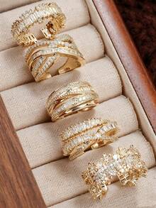 1pc/3pcs/5pcs Luxury Geometric Cubic Zirconia Gold Adjustable Rings Sets,Unique Versatile For Daily Wear,Engagement/Wedding Banquets,Anniversary Gift - Yellow Gold - View 15