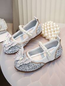 Zapatos de princesa con mariposa de strass multicolor para niñas, zapatos con decoración de perlas y suela blanda, estilo hada para uso diario, escuela y citas en primavera, verano y otoño - Plateado - Ver 4