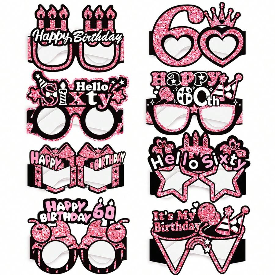 8pcs Happy Birthday Glasses Decoration, Suitable For Girls And Women, Pink And Black Birthday Paper Glasses Party Supplies, 30th 40th 50th 60th Birthday Glasses Decoration - Pink and Black - View 1