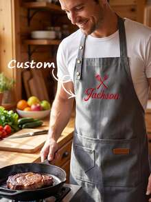 1pc Customizable Name Apron - Durable And Comfortable Neutral Kitchen Workwear, Easy To Care For, Practical Design With Pockets And Adjustable Shoulder Straps, Suitable For Cooking Enthusiasts - Multicolor - View 7