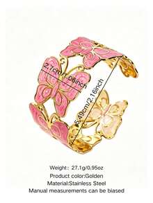 VceTd 1pc Romantic Style Colorful Enamel Butterfly Design Stainless Steel Open Bangle Bracelet For Women, Suitable For Weddings, Elegant Dates, Or Valentine's Day Gift For Loved Ones - Yellow Gold - View 3