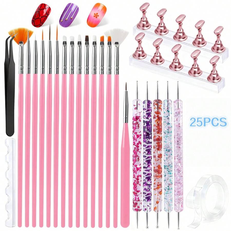 25 Pieces Nail Art Tool Set, Including Nail Art Brushes, Dotting Pens, Nail Practice Stands And Auxiliary Tools, Complete Manicure Supplies For Creating Various Nail Designs - Multicolor - View 1
