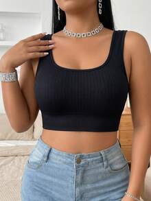 Plus Size Women Ribbed Knit Crop Tank Top Wide Strap Seamless Square Neck Camisole High Stretch Base Layer Vest - Black - View 3