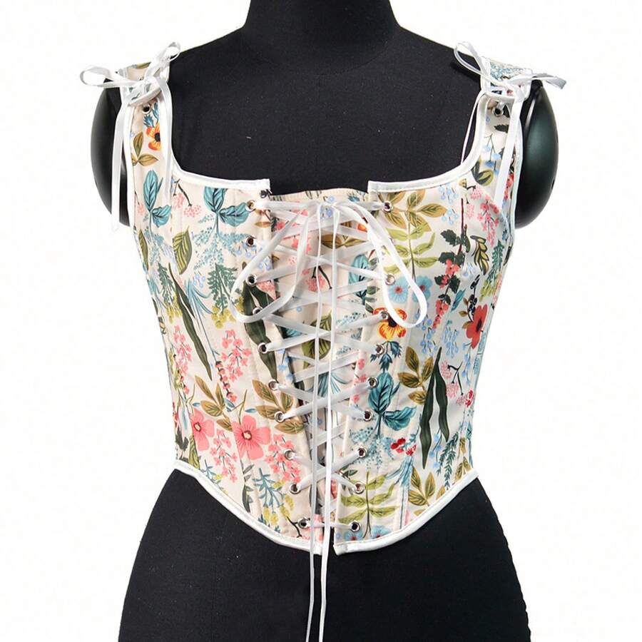 Französisches Vintage-Korsett für Damen, Frühjahr/Sommer-Modell, vorne geschnürt, U-Ausschnitt, Weste mit Blättermuster - Weiss - Übersicht 1
