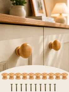 20pcs Round Solid Wood Cabinet Handles With Screws, Wooden Drawer Pulls, Suitable For Vanity, Wardrobe, Cabinet, Storage Box, Shoe Rack And Furniture - Ball - View 2
