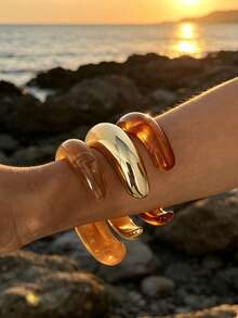 3/1pc Set Vintage Elegant Casual Style Wide Plain Metal CCB & Acrylic Contrast Color Bracelet, Women's Spring/Summer Beach Vacation Daily Party Gift Accessory - Multicolor - View 3