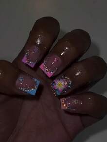 10PCS Handmade Press On Nails Summer Y2K Nail Kit, Short Square Press On Nails Acrylic Fake Nails, Colorful French Tip Rhinestone 3D Flower Nail Art, Bling Tropical Nails Press On For Beach Vacation Party - Multicolor - View 3