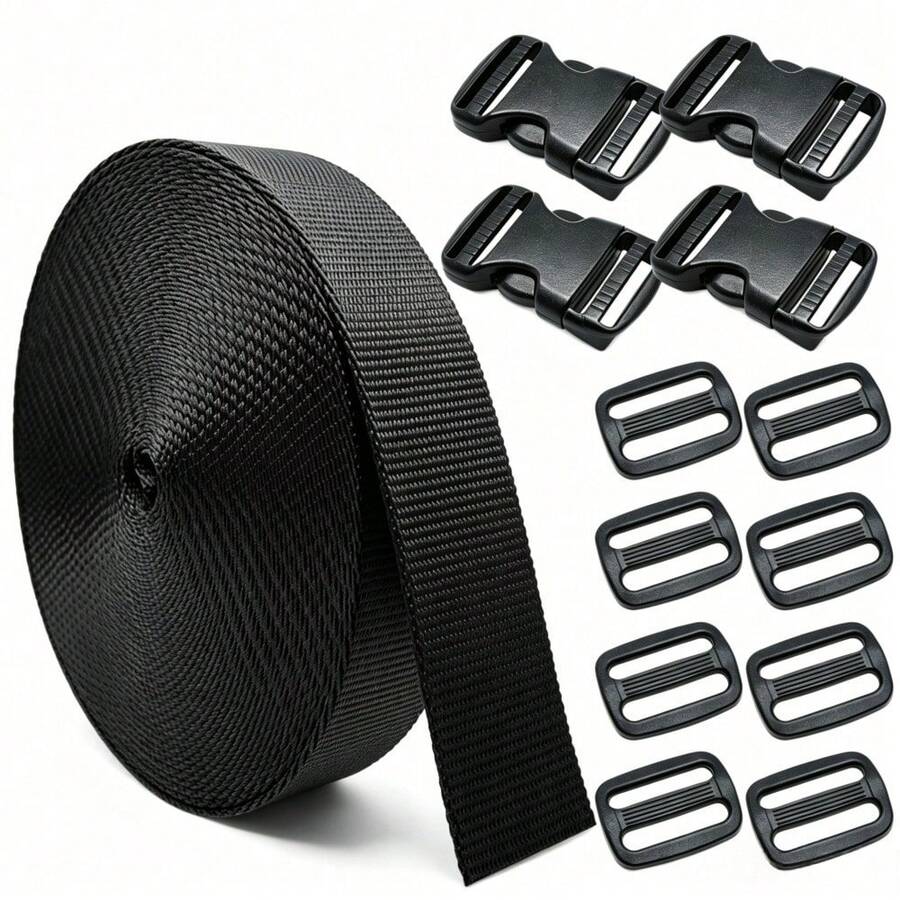 HSDOUBLE 10-50mm Buckles Straps Set 5 Yards Black Nylon Webbing Strap 4 Pcs Quick Side Release Plastic Buckle Adjustable 8pcs Tri-Glide Slide Clip