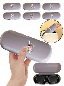 This Eyeglass Case Features A White Rose Flower Pattern, Decorated With Letters A-Z. Brand New Fashionable And Minimalist Design, Portable And Waterproof/Dustproof (Small Size, Plastic Material). Hard Shell Eyeglass Case, Decorated With White Rose Print And Letter Abbreviations. - Coffee Brown - View 15