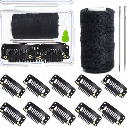 14pcs Sewing Tool Set: 10pcs 32mm I-Type 9-Tooth Hair Snap Clips, Hair Extension And Wig Making Accessories Kit, Includes 2 Needles And 1 Coil Tool