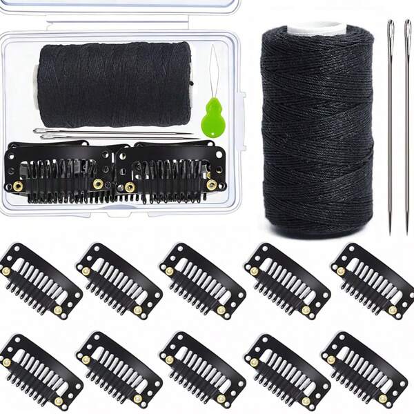 14pcs Sewing Tool Set: 10pcs 32mm I-Type 9-Tooth Hair Snap Clips, Hair Extension And Wig Making Accessories Kit, Includes 2 Needles And 1 Coil Tool