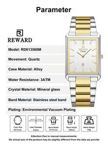 REWARD Men's Quartz Watch, Business Fashion Style, Calendar Function, Luminous Hands, Multi-Function, High-Quality Gift, Classic Design, Stainless Steel Band - Silver and Gold - View 6