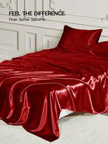 HONEYMOON 1pc Premium Silky Satin Bed Sheet, Soft Breathable Wrinkle-Resistant Fabric, Improves Sleep Quality, Luxury Hotel Style, Suitable For Home And School Dorm Use, Back To School Essential, Fits All Bed Sizes: Twin, Full, Queen, King, Red - Red - View 6