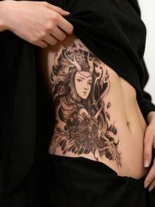 STARTTOOS 1pc Large Arm Tattoo Sticker Black Classical Aesthetic Floral Deer Horn Portrait Pattern Temporary Tattoo Sticker For Arm Back Thigh Party Gift Holiday Gift - Black - View 4