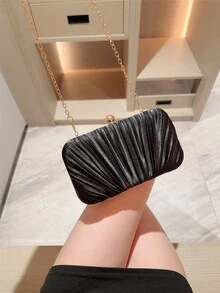 1pc Gold Glitter Leather Box Clutch Evening Bag, Fashion Luxury Party Handbag, Formal Evening Bag, Ball Clutch, Chain Crossbody Bag, Square Bag - Black - View 7