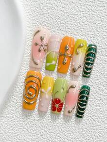 10Pcs Retro Style Handmade Press On Nail,Polygel Nail Set,Floral,Coil ,Color Blocking And Blending,Pink,Green,Yellow,Orange,Red Nail Polish,Simple Style,Includes Nail Tools,3 Sizes Available,Almond,Duck,Coffin Nails For Party,Dance,Daily Wear. - 彩色 - 查看 17