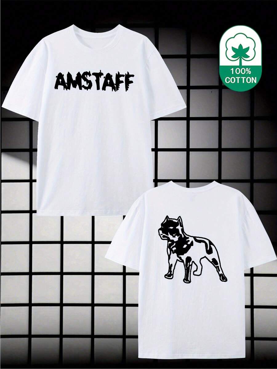 AMSTAFF Hound Thick Cotton Tee With Double Front And Back Print, Versatile And Men's Round Neck. - 白色 - 查看 1