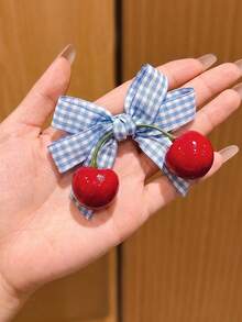 1/2Pcs Cherry Plaid Bow Hair Clips For Women Girls,French Retro Gingham Bowknot Alligator Barrettes,3D Fruit Hairpin,Y2K Hair Accessory,Back To School - Blue - View 1