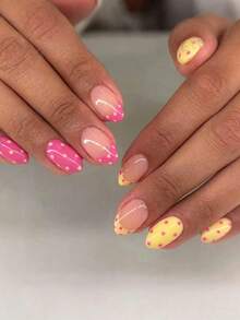 24pcs Short Oval Polka Dot Fake Nails Set, Includes 1 Double-Sided Adhesive Tape And 1 Nail File, Short Polka Dot Nails Make Your Fingertips Shine And Attract, Perfect For Parties, Dancing And Daily Use - Multicolor - View 2