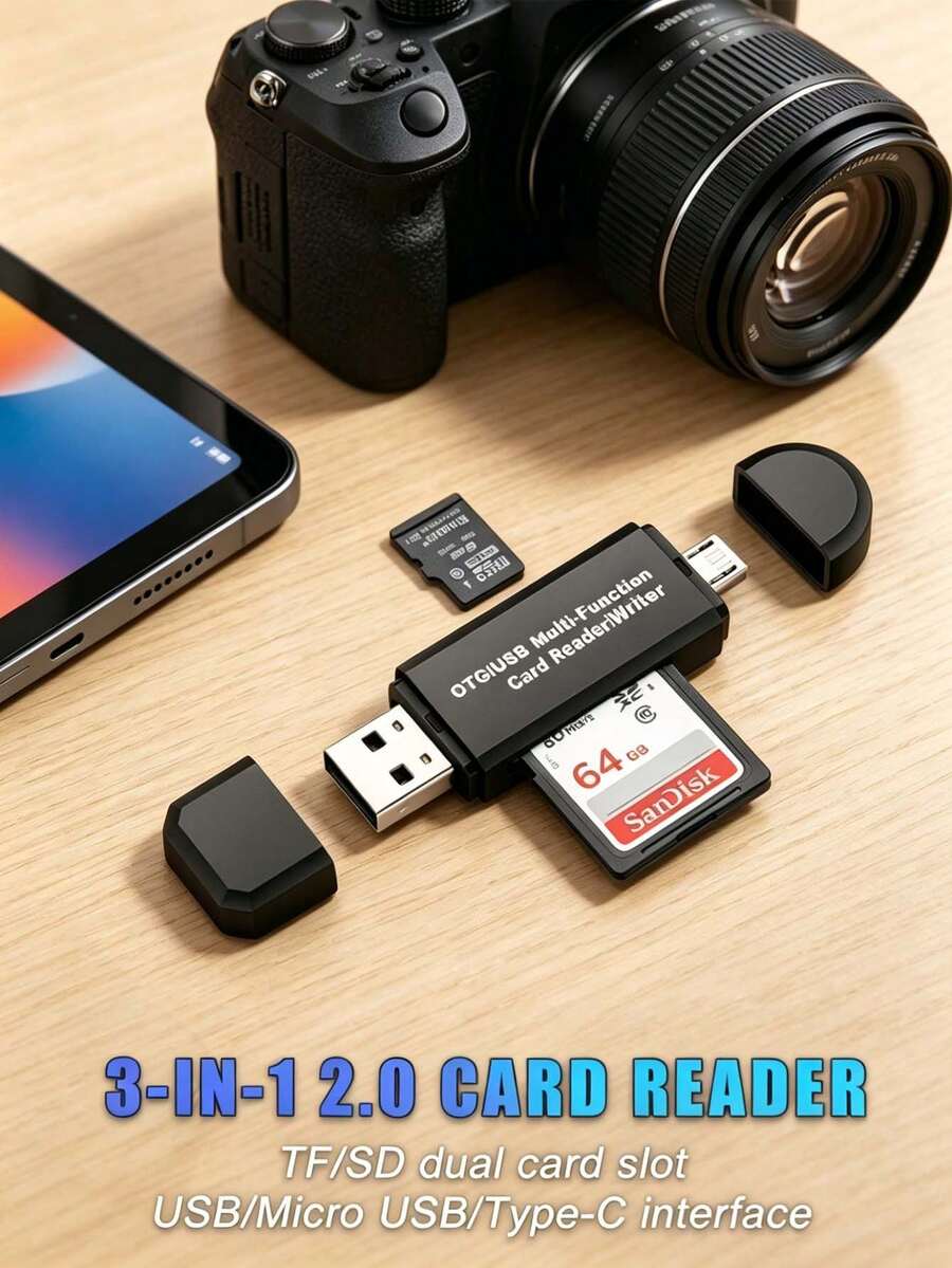 3合1 USB 2.0 OTG 讀卡機 便攜式 SD TF 記憶卡讀卡器 讀寫器 USB Type C Micro USB 多接口 相機照片影片數據傳輸轉接頭 適用手機筆電相機 旅行攝影日常使用 - 查看 1