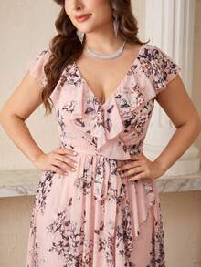 UNITHORSE [Non-Positioning Flower] V-Neck Ruffle Collar Detachable Tie Asymmetrical Ruffle Hem Printed Bridesmaid Dress - Baby Pink - View 5