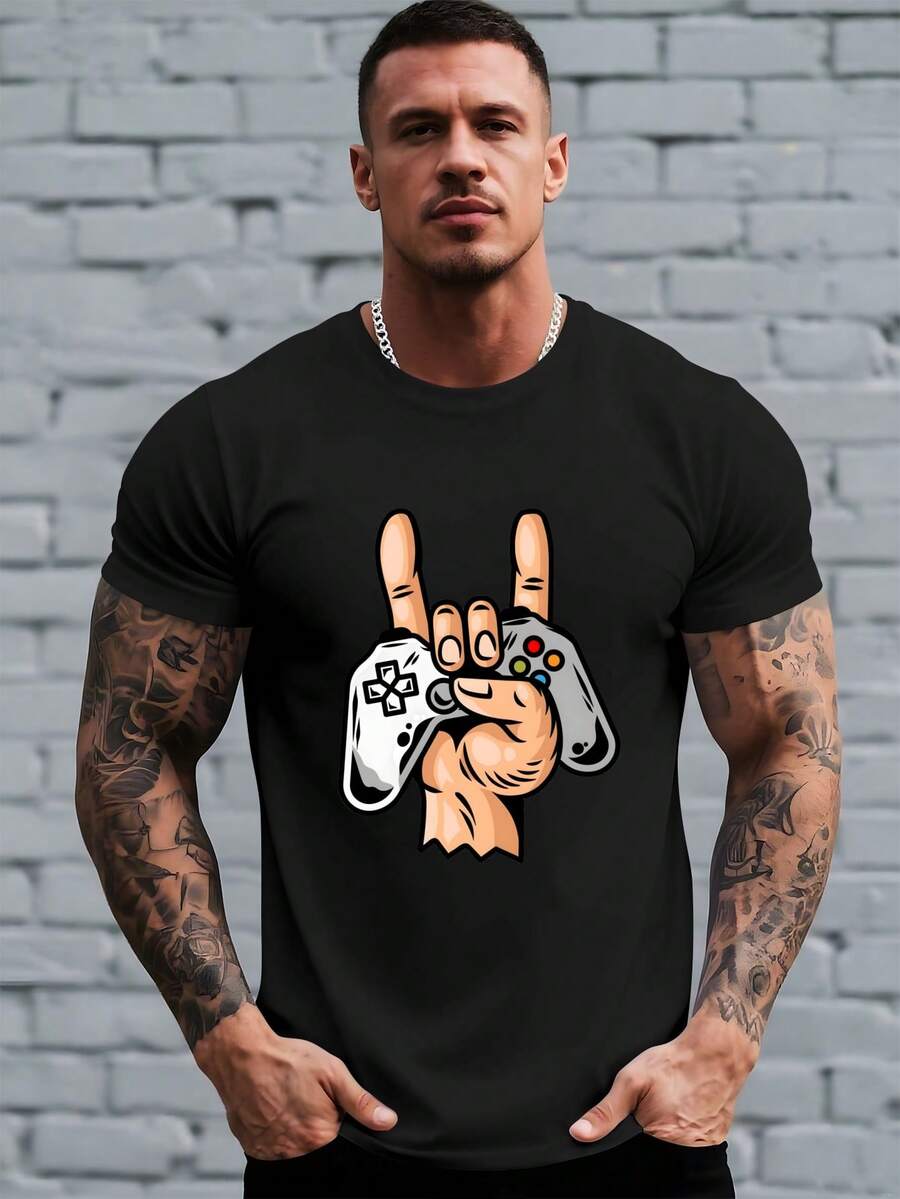 Styl vintage z kreskówek | Kontroler do gier | Odzież z nadrukowanym wzorem, modna męska koszulka z nadrukiem, idealna do noszenia na zewnątrz, swobodna, krótka, letnia koszulka męska, styl - Czarne - Zobacz 1