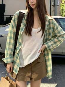 Korean Style Green Plaid Shirt Jacket Women Spring Loose Casual Relaxed Long Sleeve Sun Protection Thin Cardigan Top - Green - View 6