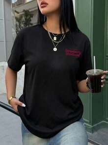 女款夏季 T-shirt，可愛「Cutie-Pie」印花寬鬆休閒 T-shirt，適合日常穿著與甜美女孩風，黑色 - 黑色 - 查看 2