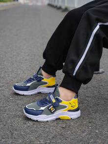 Teens' Fashionable Contrast Color Hook And Loop Sports Shoes - Shock Absorbing Anti-Slip Breathable Mesh Sneakers, Suitable For Outdoor Running And Walking - Yellow - View 6