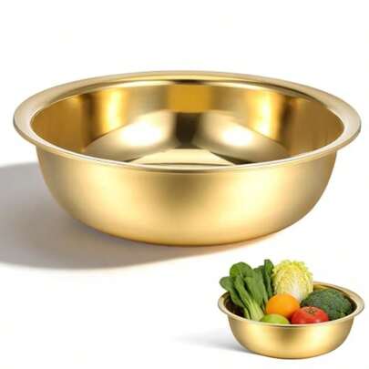 38cm Stainless Steel Basin, Antique Copper Bowl Thickened Mixing Dish Kitchen Salad Server Vintage Washing Tub Large Vegetable Rinser Metal Washbasin Round Food Prep Container