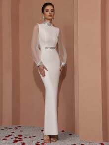 Gaun Bandage Lengan Panjang Organza Elegan Buatan Tangan dengan Hiasan Berlian Imitasi Berkilau, Cocok untuk Kencan dan Pesta. - Putih - View 5