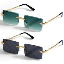 POLASUP 2pcs Snake Totem Men's Women's Snake Head Spiral 3D Metal Rimless Beveled Animal Snake-Shaped Fashion Glasses Diamond Cut Beveled Geometric Lenses Suitable For Outdoor Travel (Includes Cleaning Cloth And Anti-Loss Rope) - Gold/gradient Green + Gold-gray - View 1
