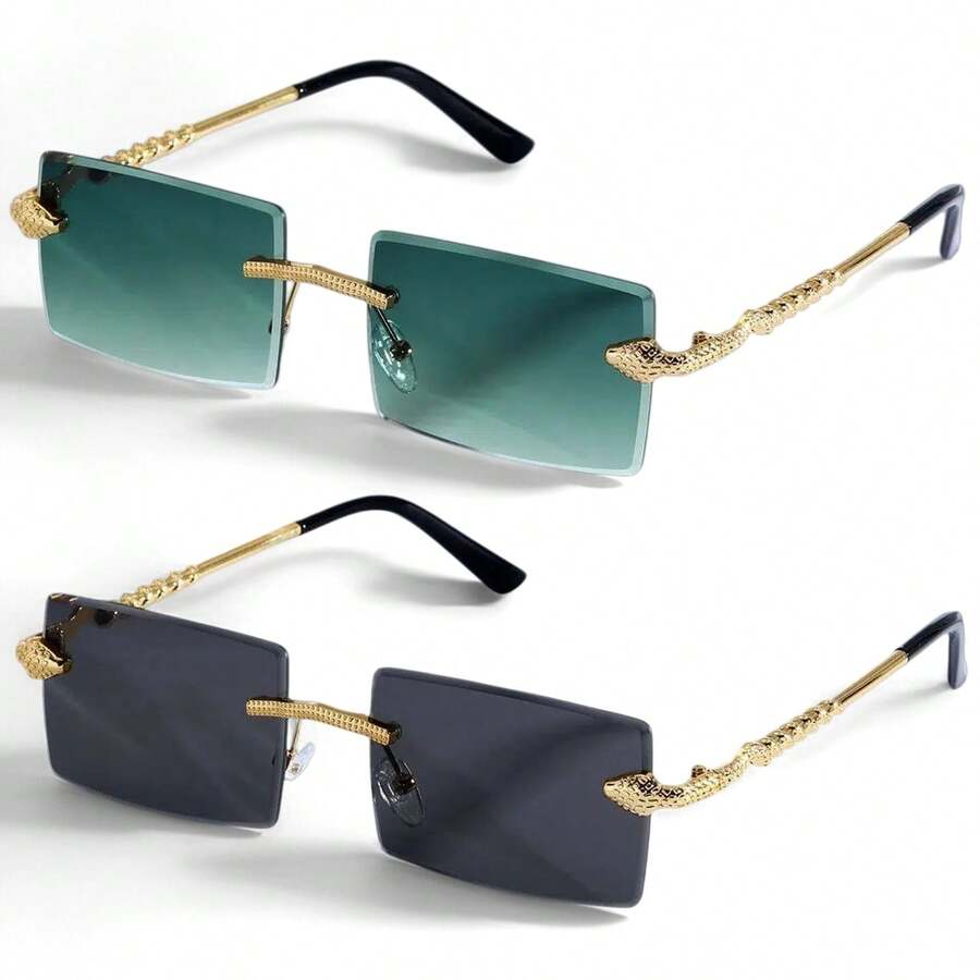 POLASUP 2pcs Snake Totem Men's Women's Snake Head Spiral 3D Metal Rimless Beveled Animal Snake-Shaped Fashion Glasses Diamond Cut Beveled Geometric Lenses Suitable For Outdoor Travel (Includes Cleaning Cloth And Anti-Loss Rope) - Gold/gradient Green + Gold-gray - View 1